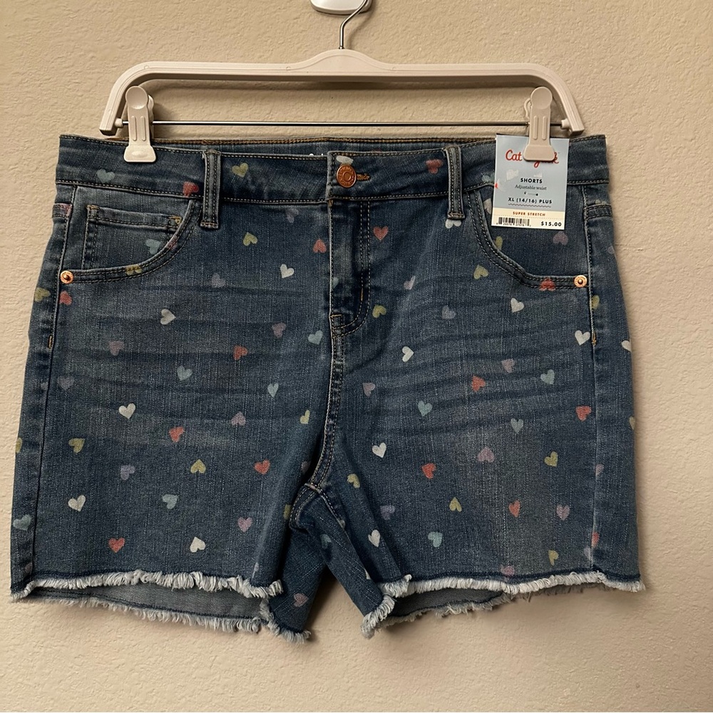 Cat & Jack Kids Blue Heart Pattern Jean Shorts XL 14/16